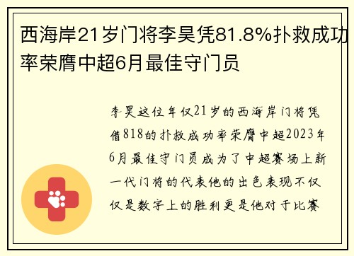 西海岸21岁门将李昊凭81.8%扑救成功率荣膺中超6月最佳守门员
