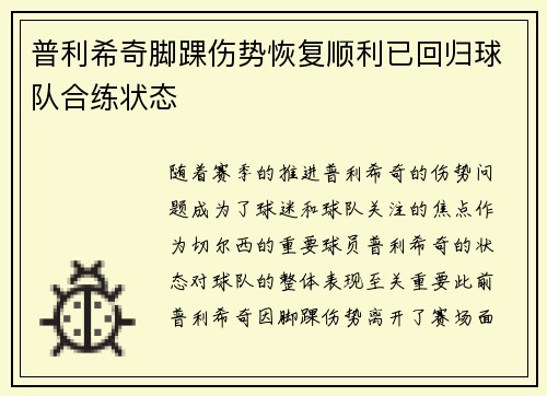 普利希奇脚踝伤势恢复顺利已回归球队合练状态